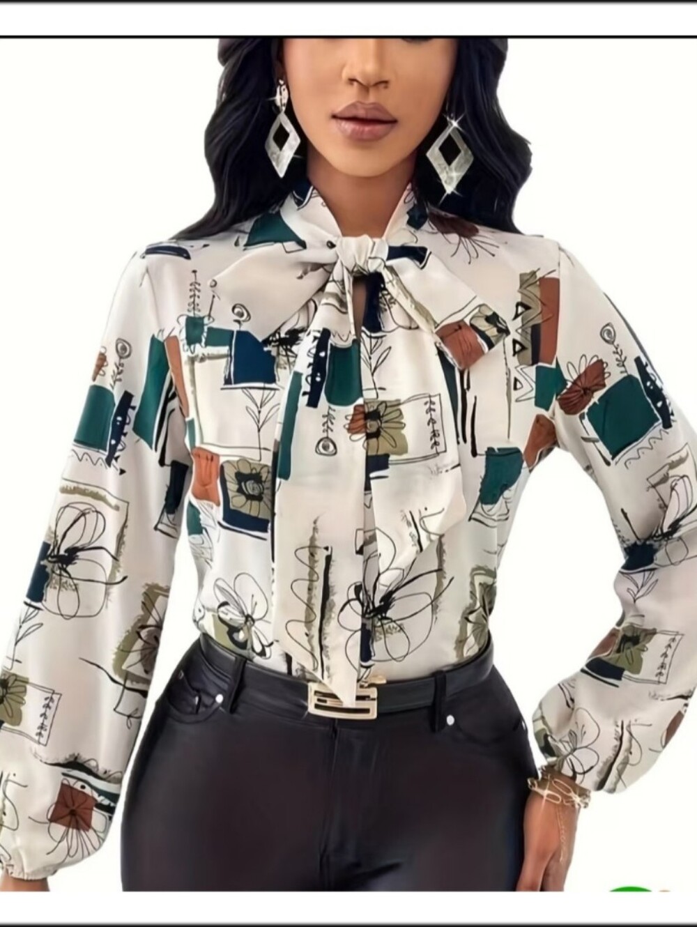 Tie-Neck Floral Print Blouse - Ivory with Green & Brown Accents